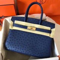 Hermes Birkin 30 Handmade Bag In Blue Ostrich Skin Hermes Birkin 30 Handmade Bag In Blue Ostrich Skin