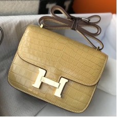 Hermes Constance 18 Handmade Bag In Jaune Poussin Embossed Crocodile