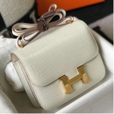 Hermes Constance 18 Handmade Bag In White Embossed Crocodile