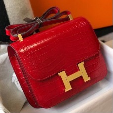Hermes Constance 24cm Bag In Red Embossed Crocodile