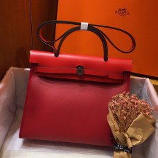 Hermes Herbag Zip 31cm Bag In Red Toile And Leather Hermes Herbag Zip 31cm Bag In Red Toile And Leather