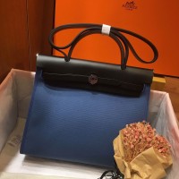 Hermes Herbag Zip 31cm Bag In Black And Blue Hermes Herbag Zip 31cm Bag In Black And Blue