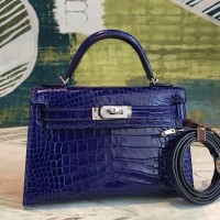 Hermes Kelly Mini II Handmade Bag In Blue Alligator Crocodile Hermes Kelly Mini II Handmade Bag In Blue Alligator Crocodile
