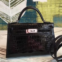 Hermes Kelly Mini II Handmade Bag In Black Alligator Crocodile Hermes Kelly Mini II Handmade Bag In Black Alligator Crocodile