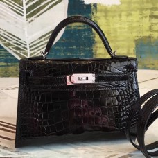 Hermes Kelly Mini II Handmade Bag In Black Alligator Crocodile Hermes Kelly Mini II Handmade Bag In Black Alligator Crocodile