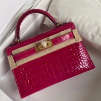 Hermes Kelly Mini II Handmade Bag In Rose Red Alligator Crocodile Hermes Kelly Mini II Handmade Bag In Rose Red Alligator Crocodile