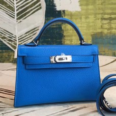 Hermes Kelly Mini II Handmade Bag In Blue Chevre Leather Hermes Kelly Mini II Handmade Bag In Blue Chevre Leather