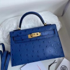 Hermes Kelly Mini II Handmade Bag In Blue Electric Ostrich Leather Hermes Kelly Mini II Handmade Bag In Blue Electric Ostrich Leather