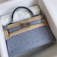 Hermes Kelly Mini II Handmade Bag In Blue Lin Ostrich Leather Hermes Kelly Mini II Handmade Bag In Blue Lin Ostrich Leather