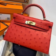 Hermes Kelly Mini II Handmade Bag In Red Ostrich Leather Hermes Kelly Mini II Handmade Bag In Red Ostrich Leather
