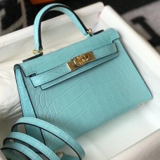 Hermes Kelly Mini II Handmade Bag In Blue Atoll Crocodile Embossed Leather Hermes Kelly Mini II Handmade Bag In Blue Atoll Crocodile Embossed Leather