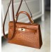 Hermes Kelly Mini II Handmade Bag In Brown Crocodile Embossed Leather Hermes Kelly Mini II Handmade Bag In Brown Crocodile Embossed Leather