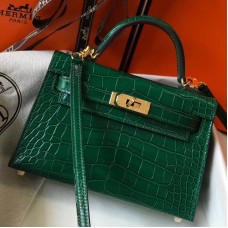 Hermes Kelly Mini II Handmade Bag In Green Crocodile Embossed Leather Hermes Kelly Mini II Handmade Bag In Green Crocodile Embossed Leather