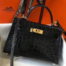 Hermes Kelly Mini II Handmade Bag In Black Crocodile Embossed Leather Hermes Kelly Mini II Handmade Bag In Black Crocodile Embossed Leather