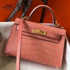Hermes Kelly Mini II Handmade Bag In Pink Crocodile Embossed Leather Hermes Kelly Mini II Handmade Bag In Pink Crocodile Embossed Leather
