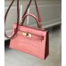 Hermes Kelly Mini II Handmade Bag In Pink Crocodile Embossed Leather Hermes Kelly Mini II Handmade Bag In Pink Crocodile Embossed Leather