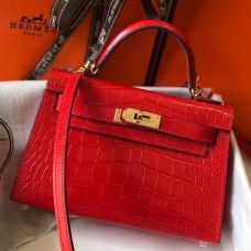 Hermes Kelly Mini II Handmade Bag In Red Crocodile Embossed Leather Hermes Kelly Mini II Handmade Bag In Red Crocodile Embossed Leather