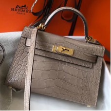 Hermes Kelly Mini II Handmade Bag In Grey Crocodile Embossed Leather Hermes Kelly Mini II Handmade Bag In Grey Crocodile Embossed Leather