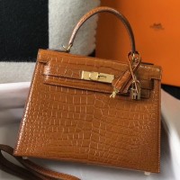 Hermes Kelly 25cm Handmade Bag In Brown Embossed Crocodile Leather Hermes Kelly 25cm Handmade Bag In Brown Embossed Crocodile Leather