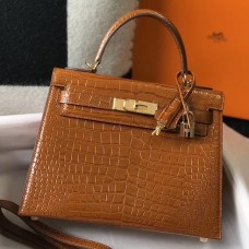 Hermes Kelly 25cm Handmade Bag In Brown Embossed Crocodile Leather Hermes Kelly 25cm Handmade Bag In Brown Embossed Crocodile Leather