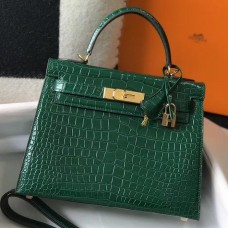 Hermes Kelly 25cm Handmade Bag In Green Embossed Crocodile Leather Hermes Kelly 25cm Handmade Bag In Green Embossed Crocodile Leather
