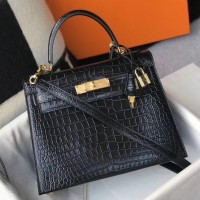 Hermes Kelly 25cm Handmade Bag In Black Embossed Crocodile Leather Hermes Kelly 25cm Handmade Bag In Black Embossed Crocodile Leather