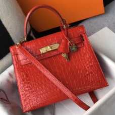 Hermes Kelly 25cm Handmade Bag In Red Embossed Crocodile Leather Hermes Kelly 25cm Handmade Bag In Red Embossed Crocodile Leather