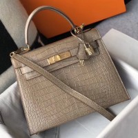 Hermes Kelly 25cm Handmade Bag In Taupe Embossed Crocodile Leather Hermes Kelly 25cm Handmade Bag In Taupe Embossed Crocodile Leather