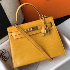 Hermes Kelly 25cm Handmade Bag In Yellow Embossed Crocodile Leather Hermes Kelly 25cm Handmade Bag In Yellow Embossed Crocodile Leather