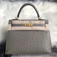 Hermes Kelly 25cm Handmade Bag In Gris Asphalt Ostrich Skin Hermes Kelly 25cm Handmade Bag In Gris Asphalt Ostrich Skin