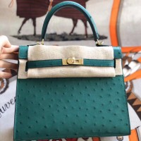 Hermes Kelly 25cm Handmade Bag In Vert Vertigo Ostrich Skin Hermes Kelly 25cm Handmade Bag In Vert Vertigo Ostrich Skin