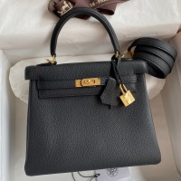 Hermes Kelly Retourne 25 Handmade Bag In Black Clemence Leather Hermes Kelly Retourne 25 Handmade Bag In Black Clemence Leather