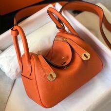 Hermes Lindy Mini Bag In Orange Clemence Leather GHW Hermes Lindy Mini Bag In Orange Clemence Leather GHW