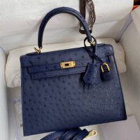Hermes Kelly Sellier 25 Handmade Bag In Blue Iris Ostrich Leather Hermes Kelly Sellier 25 Handmade Bag In Blue Iris Ostrich Leather