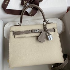 Hermes Kelly Sellier 25 Bicolor Bag in Craie and Gris Asphalt Epsom Calfskin Hermes Kelly Sellier 25 Bicolor Bag in Craie and Gris Asphalt Epsom Calfskin