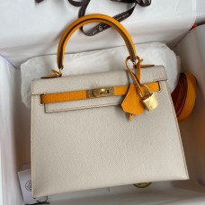 Hermes Kelly Sellier 25 Bicolor Bag in Craie and Yellow Epsom Calfskin Hermes Kelly Sellier 25 Bicolor Bag in Craie and Yellow Epsom Calfskin