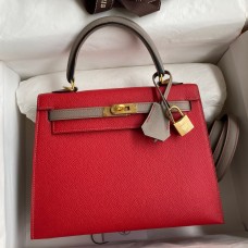 Hermes Kelly Sellier 25 Bicolor Bag in Red and Etain Epsom Calfskin Hermes Kelly Sellier 25 Bicolor Bag in Red and Etain Epsom Calfskin
