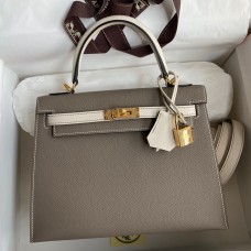 Hermes Kelly Sellier 25 Bicolor Bag in Taupe and Craie Epsom Calfskin Hermes Kelly Sellier 25 Bicolor Bag in Taupe and Craie Epsom Calfskin