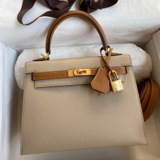 Hermes Kelly Sellier 25 Bicolor Bag in Trench and Gold Epsom Calfskin Hermes Kelly Sellier 25 Bicolor Bag in Trench and Gold Epsom Calfskin