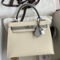 Hermes Kelly Sellier 25 Bicolor Bag in Craie and Gris Mouette Epsom Calfskin Hermes Kelly Sellier 25 Bicolor Bag in Craie and Gris Mouette Epsom Calfskin