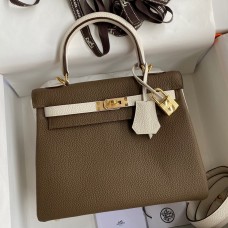 Hermes Kelly Retourne 25 Bicolor Bag in Taupe and Craie Clemence Calfskin Hermes Kelly Retourne 25 Bicolor Bag in Taupe and Craie Clemence Calfskin