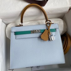 Hermes Kelly Sellier 25 Tricolor Bag in Blue/Green/SesameEpsom Calfskin Hermes Kelly Sellier 25 Tricolor Bag in Blue/Green/SesameEpsom Calfskin