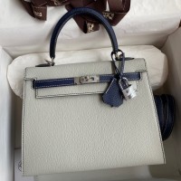 Hermes Kelly Sellier 25 Bicolor Bag in Pearl Grey and Blue Mysore Goatskin Hermes Kelly Sellier 25 Bicolor Bag in Pearl Grey and Blue Mysore Goatskin