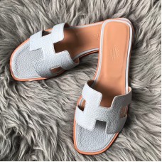 Hermes Oran Slide Sandals In Blue Lin Clemence Leather Hermes Oran Slide Sandals In Blue Lin Clemence Leather