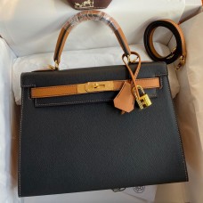 Hermes Kelly Sellier 28 Bicolor Bag in Black and Gold Epsom Calfskin Hermes Kelly Sellier 28 Bicolor Bag in Black and Gold Epsom Calfskin