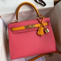 Hermes Kelly Sellier 28 Bicolor Bag in Rose Lipstick and Yellow Epsom Calfskin Hermes Kelly Sellier 28 Bicolor Bag in Rose Lipstick and Yellow Epsom Calfskin