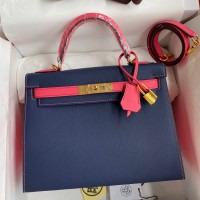 Hermes Kelly Sellier 28 Bicolor Bag in Blue Saphir and Rose Lipstick Epsom Calfskin Hermes Kelly Sellier 28 Bicolor Bag in Blue Saphir and Rose Lipstick Epsom Calfskin
