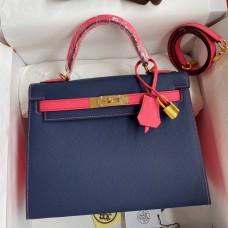 Hermes Kelly Sellier 28 Bicolor Bag in Blue Saphir and Rose Lipstick Epsom Calfskin Hermes Kelly Sellier 28 Bicolor Bag in Blue Saphir and Rose Lipstick Epsom Calfskin