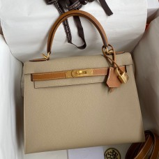 Hermes Kelly Sellier 28 Bicolor Bag in Trench and Gold Epsom Calfskin Hermes Kelly Sellier 28 Bicolor Bag in Trench and Gold Epsom Calfskin