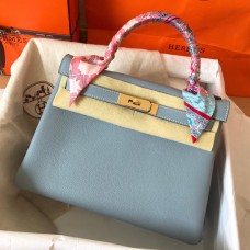 Hermes Kelly Retourne 28 Handmade Bag In Blue Lin Clemence Leather Hermes Kelly Retourne 28 Handmade Bag In Blue Lin Clemence Leather